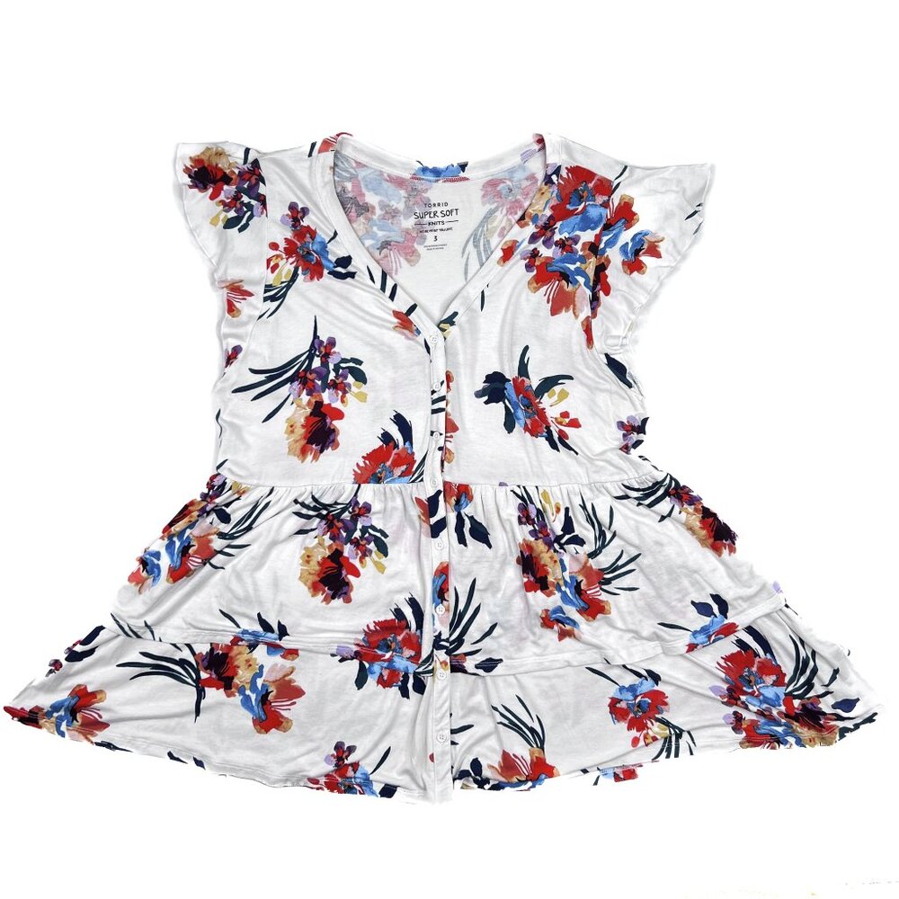 torrid‎ Super Soft Knits Tiered Babydoll Top Floral Button-Front Size 3 - NWOT - Picture 2 of 13